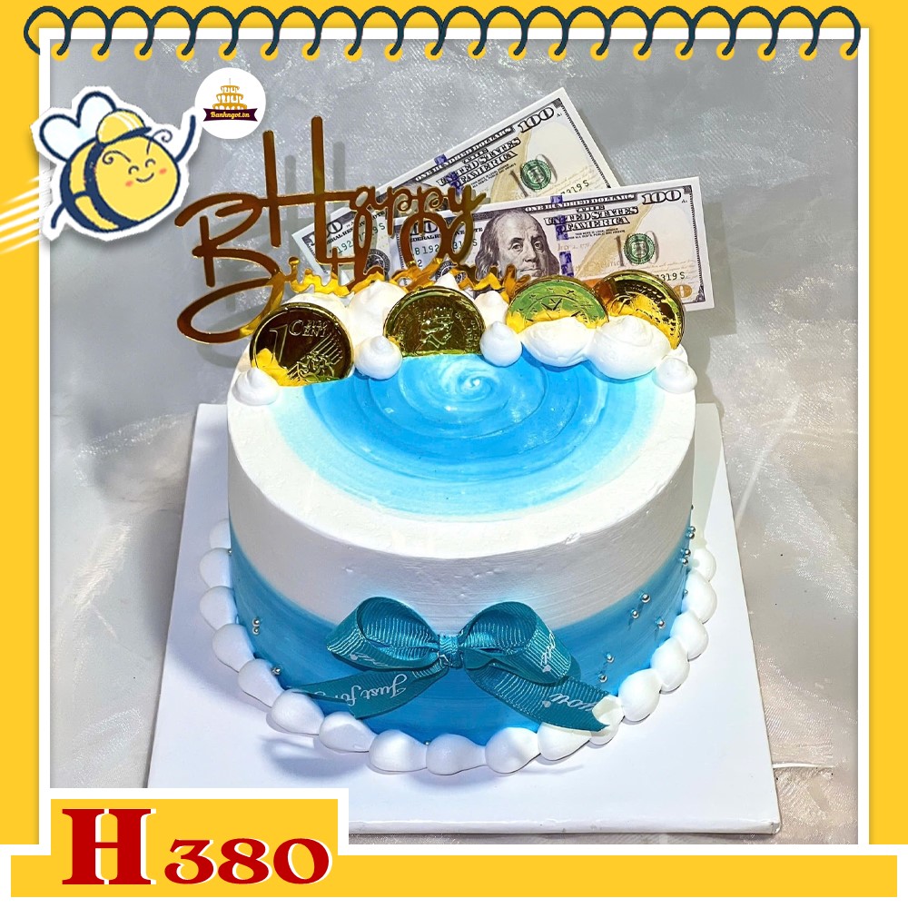 Bánh kem sinh nhật H380 tiền đô và vàng xanh trắng tặng người có máu làm ăn