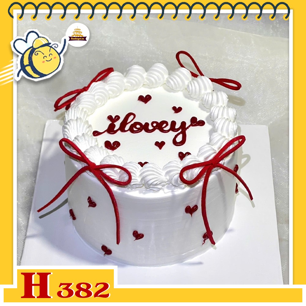 Bánh kem sinh nhật H382 minimalist trắng đỏ nơ xinh xắn tặng người thương