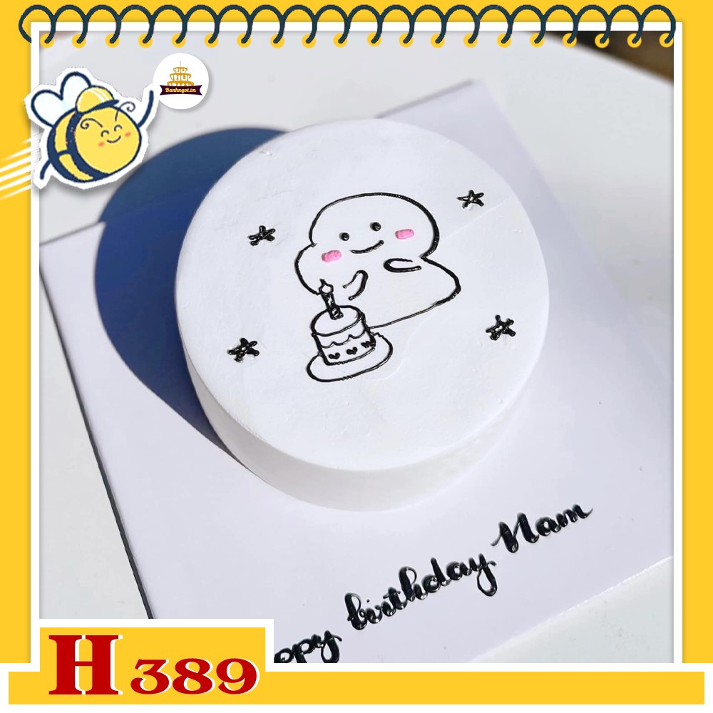 Bánh kem sinh nhật H389 đơn giản vẽ hình nhân vật dễ thương cầm bánh
