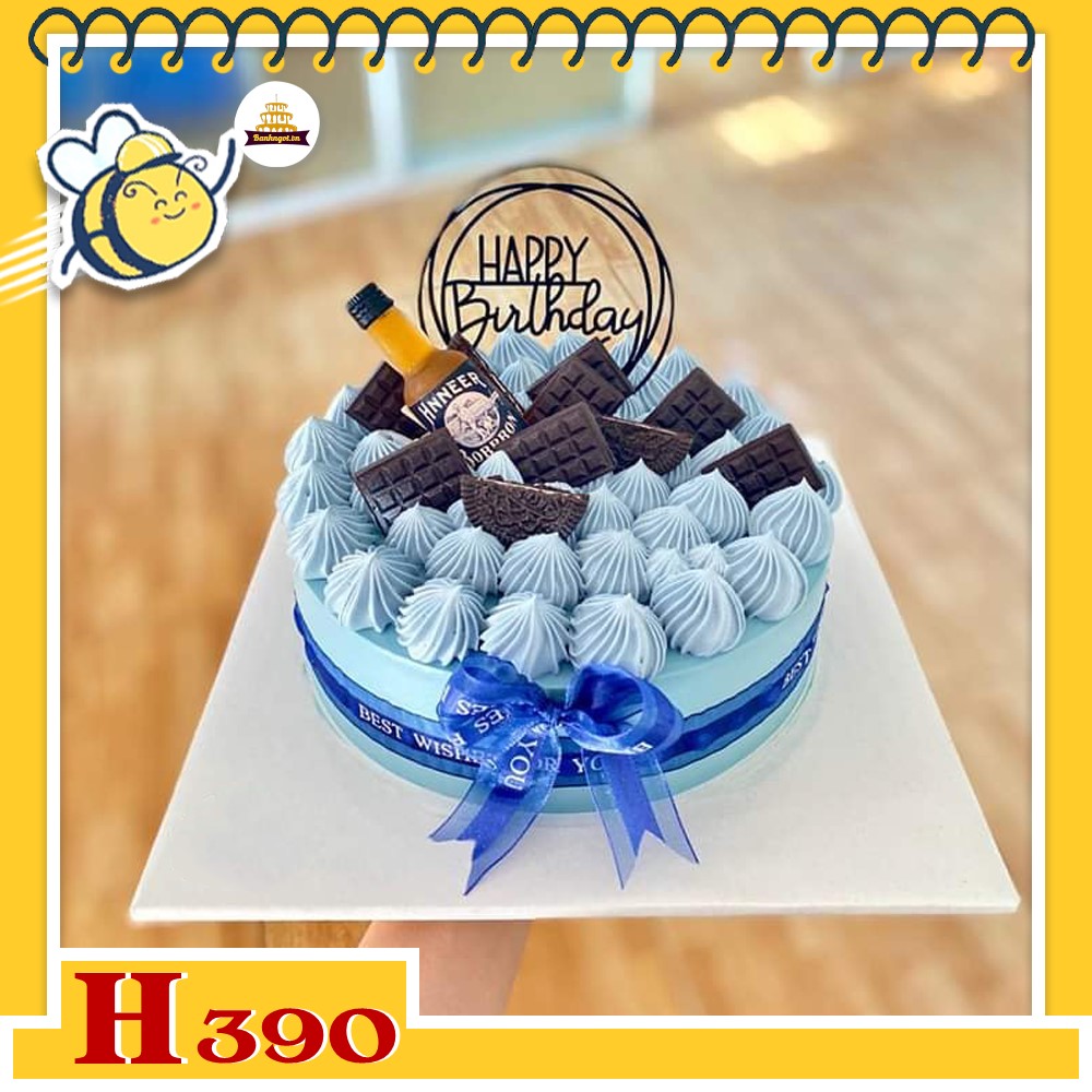 Bánh kem sinh nhật H390 tặng chồng, bạn trai, sếp phụ kiện chai rượu và socola