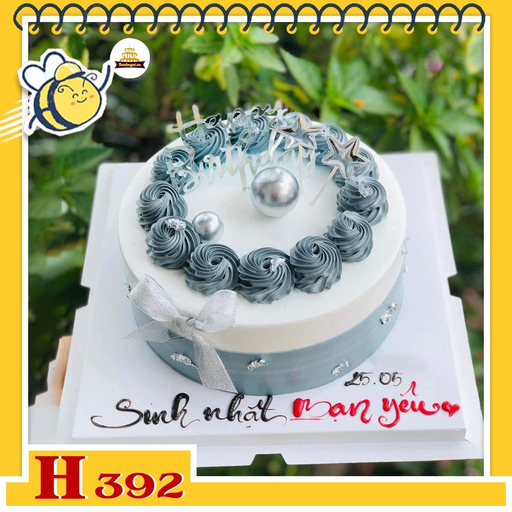 Bánh kem sinh nhật H392 tặng bạn yêu màu xanh dương xám bạc trang trí nơ