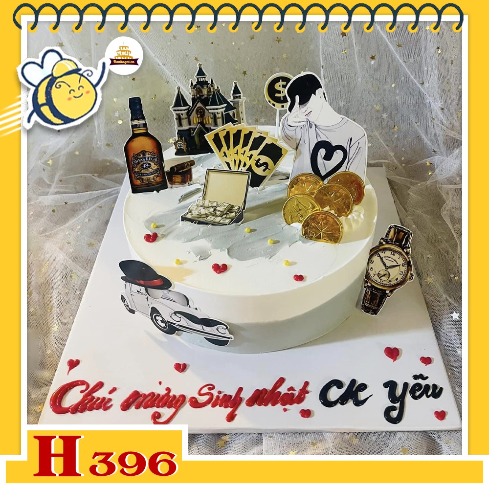 Bánh kem sinh nhật H396 tặng chồng với phụ kiện đồng hồ, xe hơi, và tài lộc