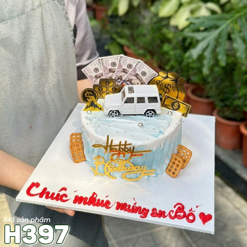 Bánh kem sinh nhật H397 tặng bố, tặng sếp nam với phụ kiện tiền đô và xe g-class