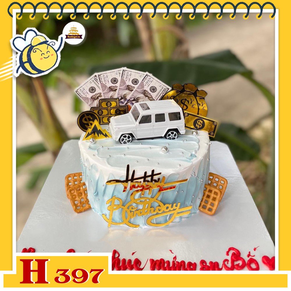 Bánh kem sinh nhật H397 tặng bố, tặng sếp nam với phụ kiện tiền đô và xe g-class