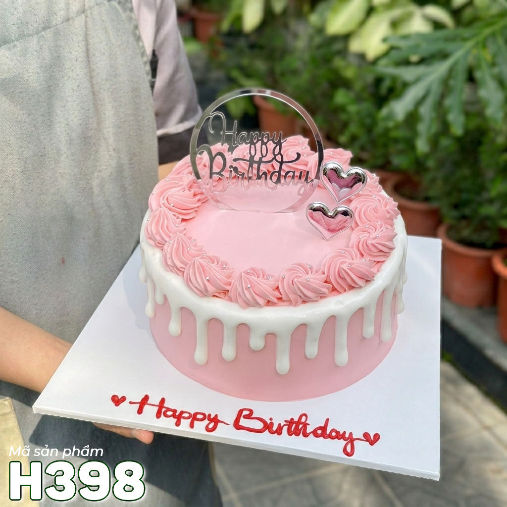 Bánh kem sinh nhật H398 nhỏ gọn màu hồng dễ thương chảy kem trắng và tim bạc