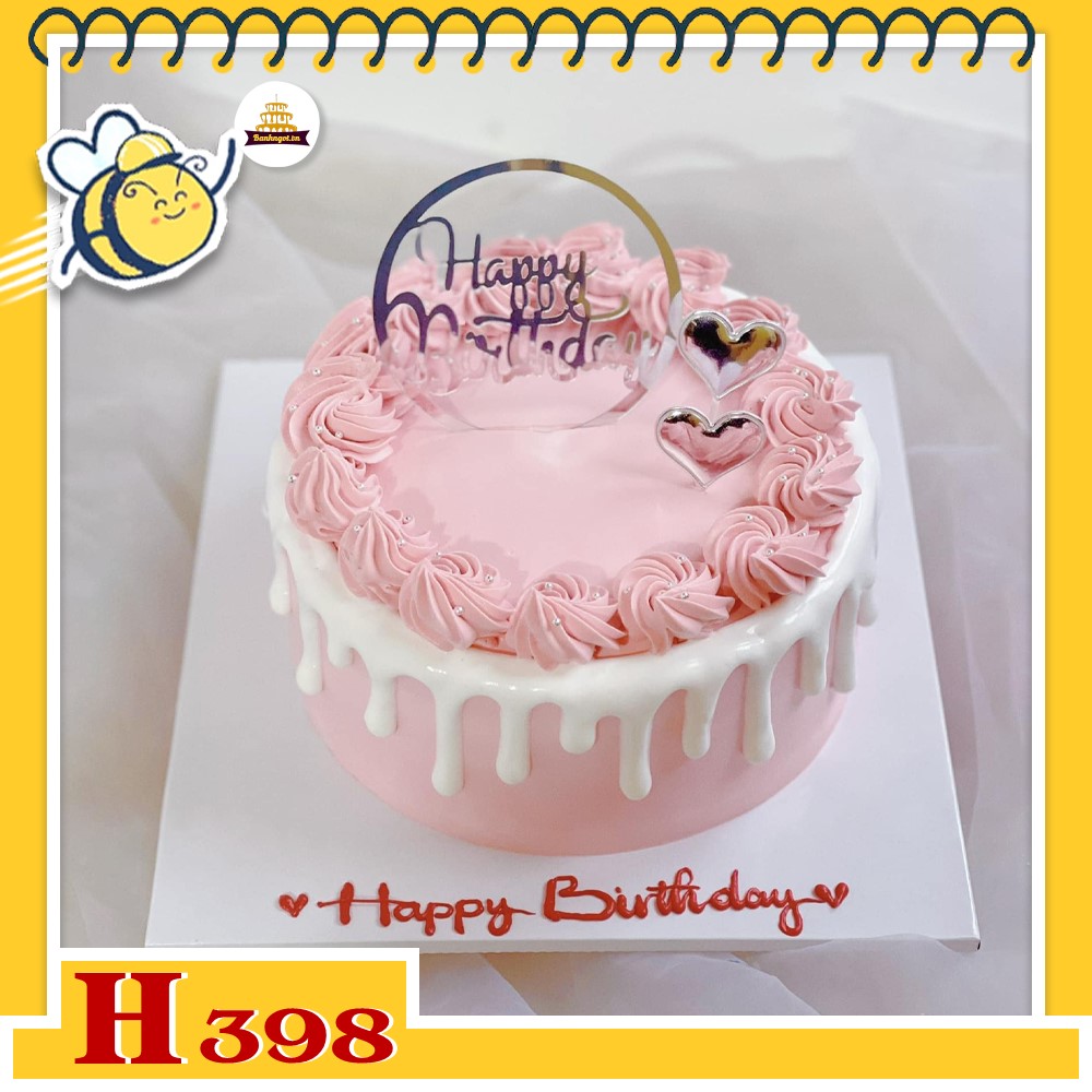 Bánh kem sinh nhật H398 nhỏ gọn màu hồng dễ thương chảy kem trắng và tim bạc