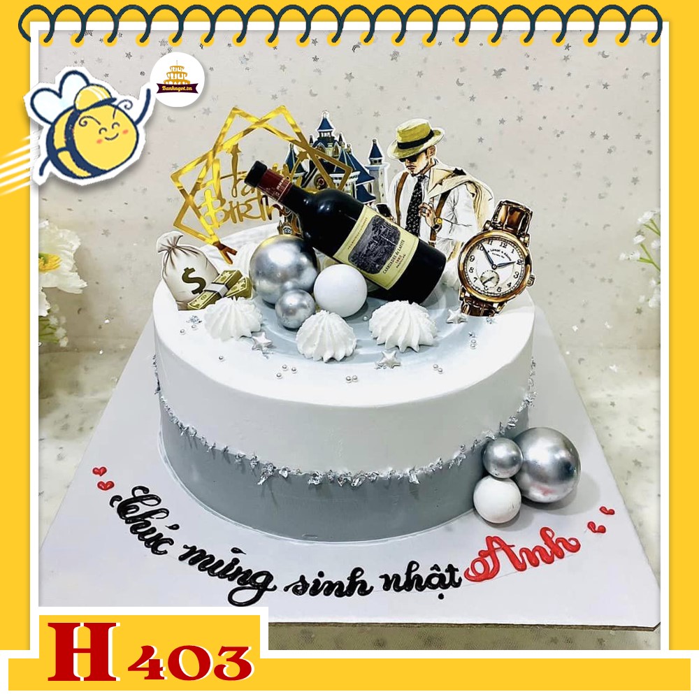 Bánh kem sinh nhật H403 Bánh kem tặng sếp nam màu xám trắng phụ kiện chai rượu đồng hồ