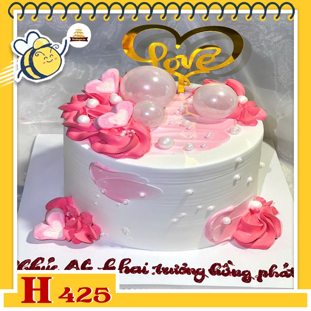 Bánh kem sinh nhật H425 trái tim phụ kiện hoa và bong bóng lấp lánh
