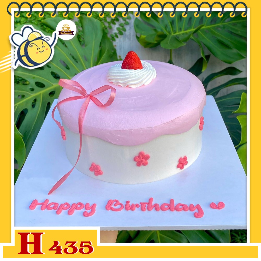 Bánh kem sinh nhật H435 Bánh kem mini trang trí dâu tây màu hồng pastel đáng yêu