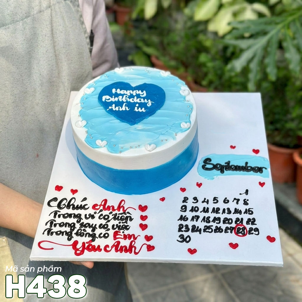 Bánh kem sinh nhật H438 Bánh kem lịch, trái tim màu xanh dương tặng sinh nhật nam
