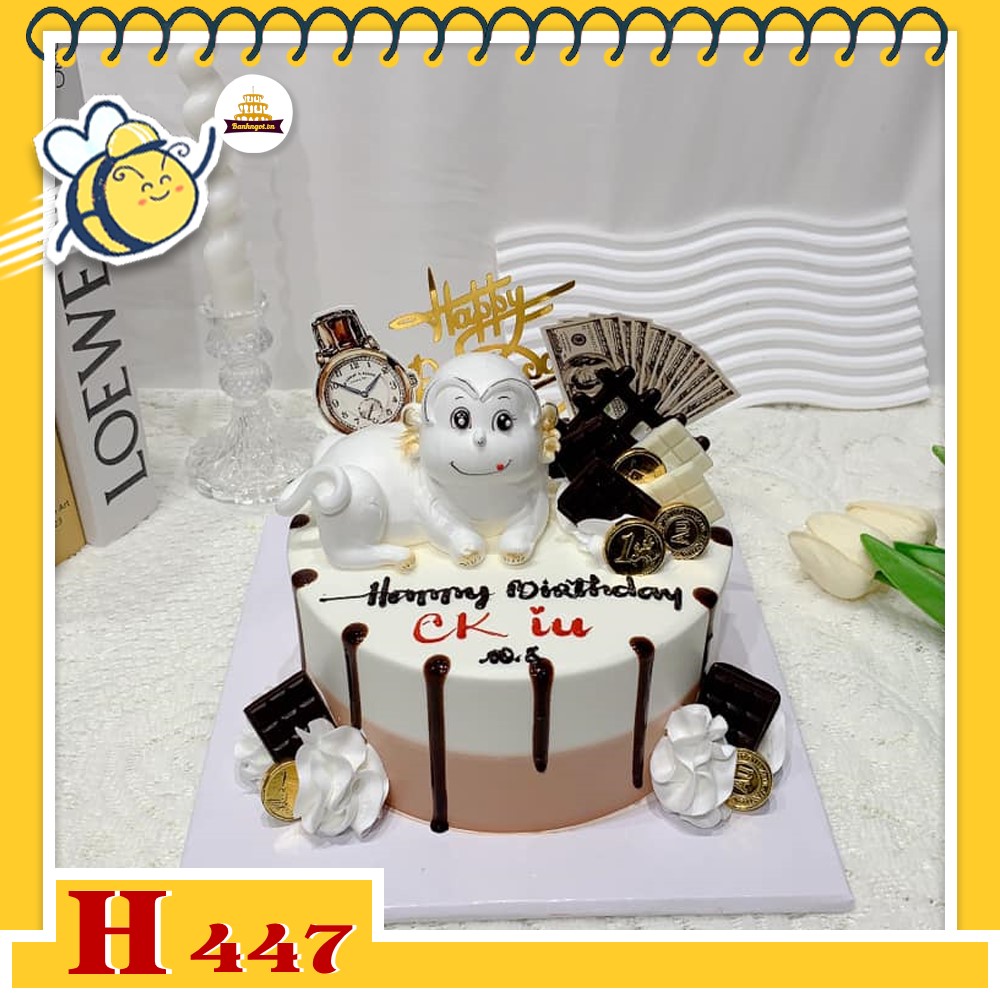 Bánh kem sinh nhật H447 trang trí khỉ và đô la Mỹ tặng người tuổi Thân