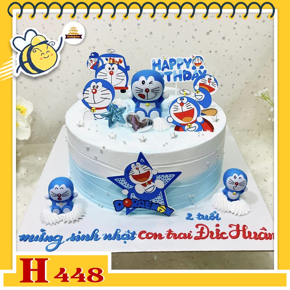 Bánh kem sinh nhật H448 trang trí Doraemon xanh trắng tặng bé trai
