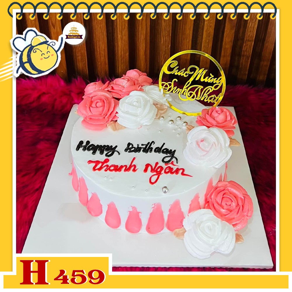 Bánh kem sinh nhật H459 hoa hồng hồng trắng viền kem chảy tông hồng nữ tính