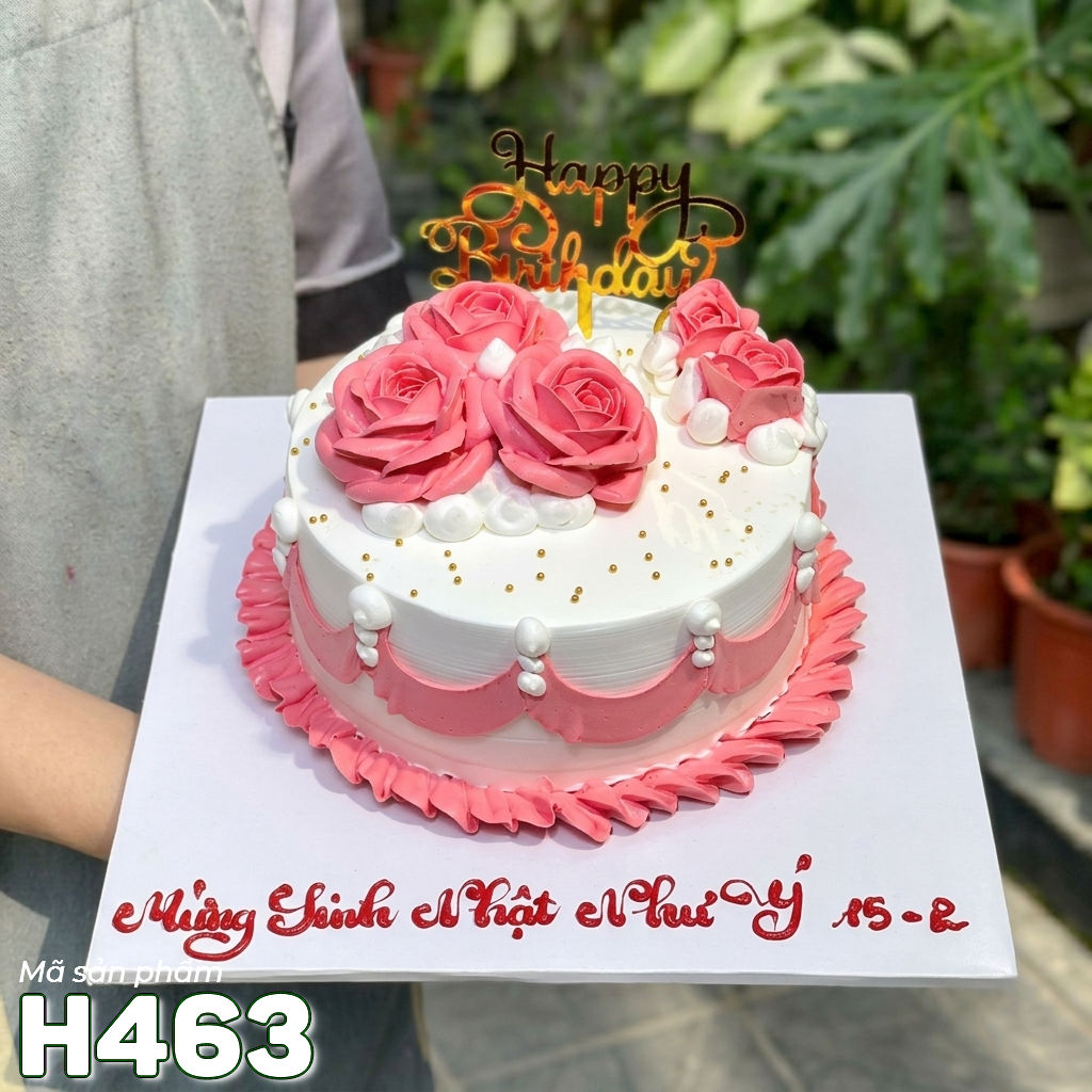 Bánh kem sinh nhật H463 hoa hồng hồng nhạt viền kem chảy tông hồng nữ tính