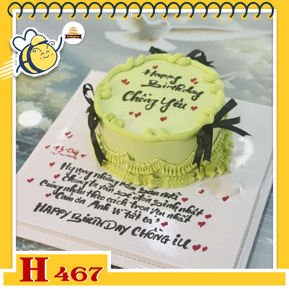 Bánh kem sinh nhật H467 viền bèo màu xanh mint và nơ đen tặng bạn trai, chồng yêu