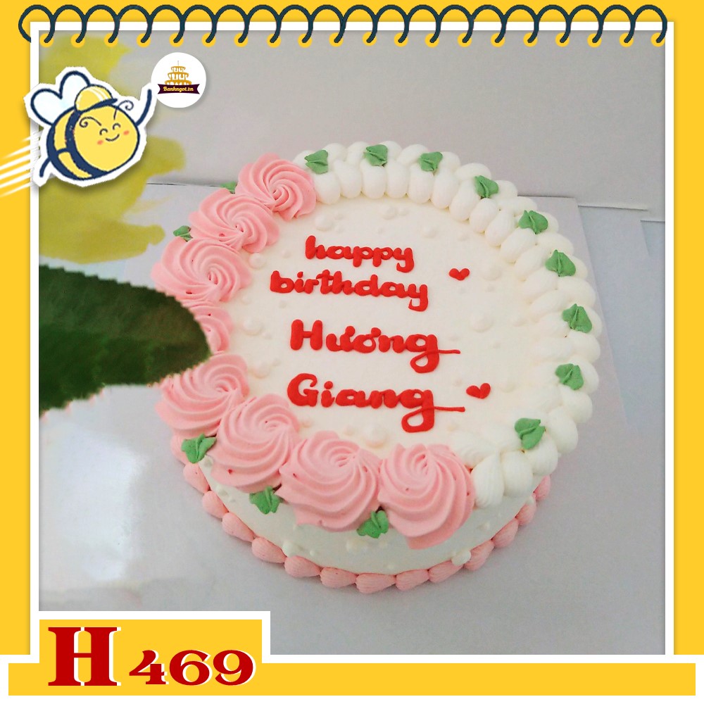 Bánh kem sinh nhật H469 hoa hồng nhạt và lá xanh, viền bánh kem xoắn