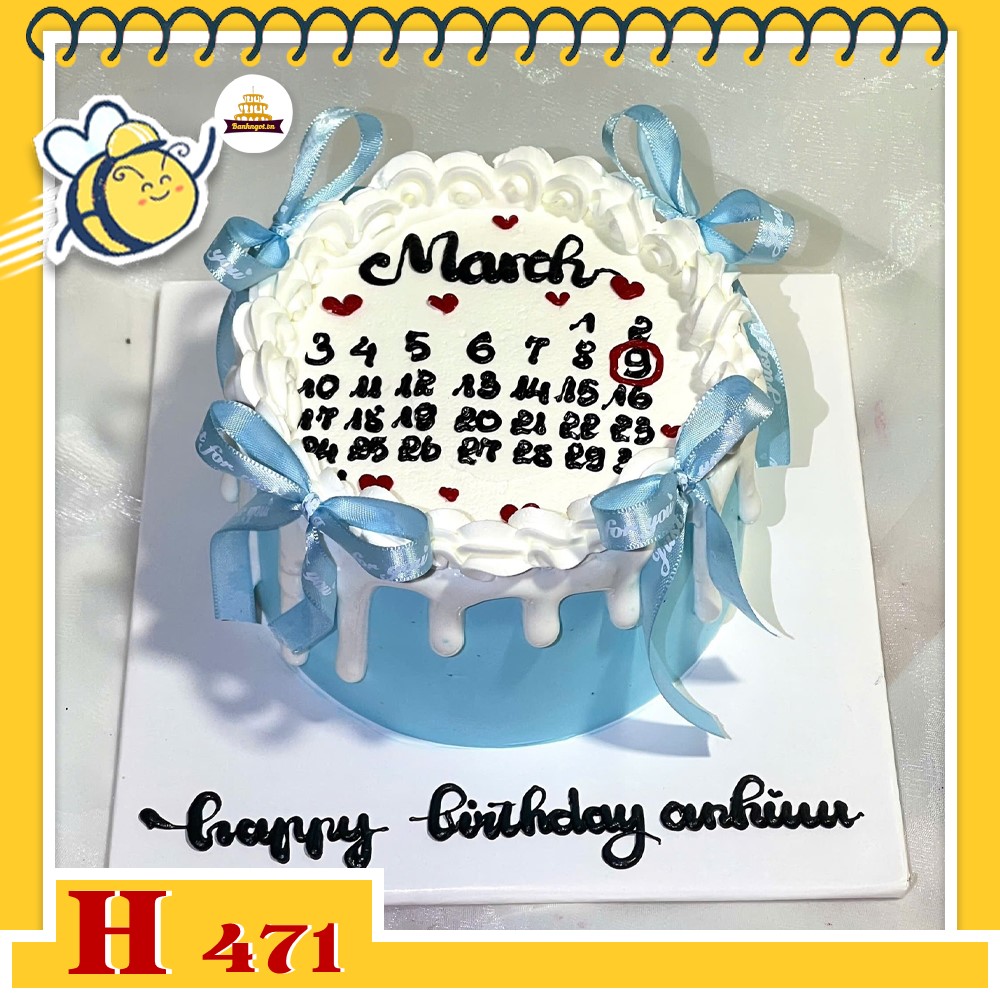 Bánh kem sinh nhật H471 lịch màu xanh trắng vẽ tay độc đáo