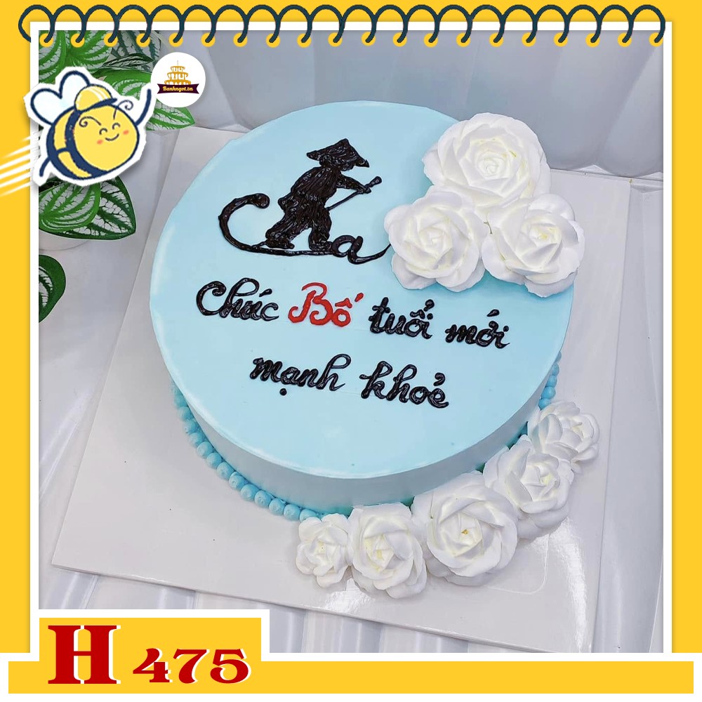 Bánh kem sinh nhật H475 tặng bố màu xanh trắng rắc hoa hồng giấy giản dị