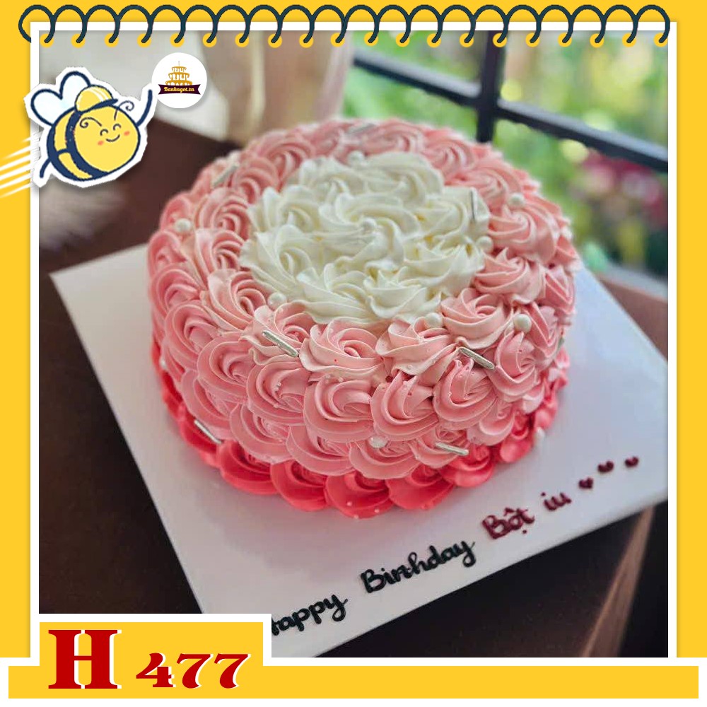 Bánh kem sinh nhật H477 bông kem hồng trắng viền rắc bi bạc sang chảnh