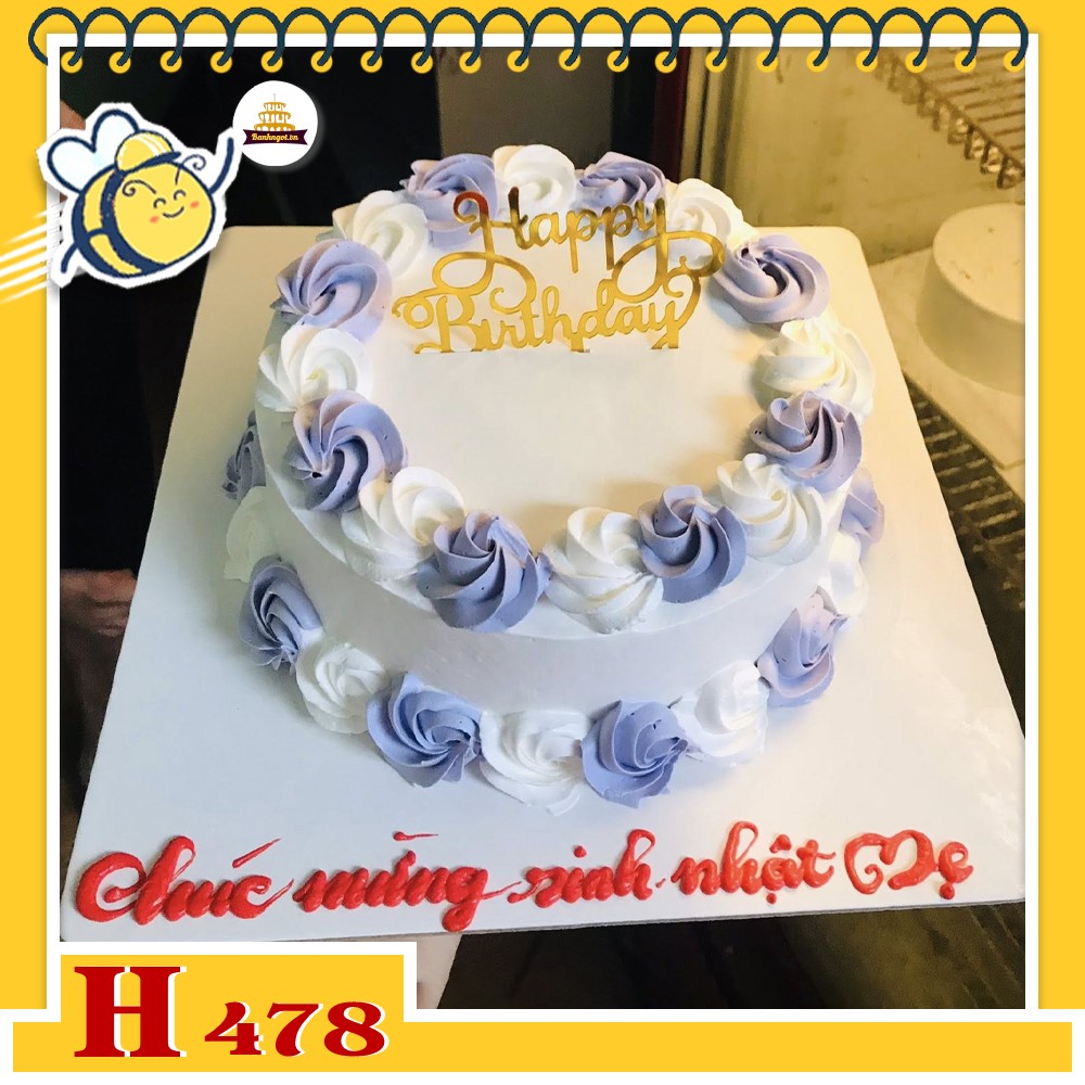 Bánh kem sinh nhật H478 hoa hồng tím trắng viền xinh xắn