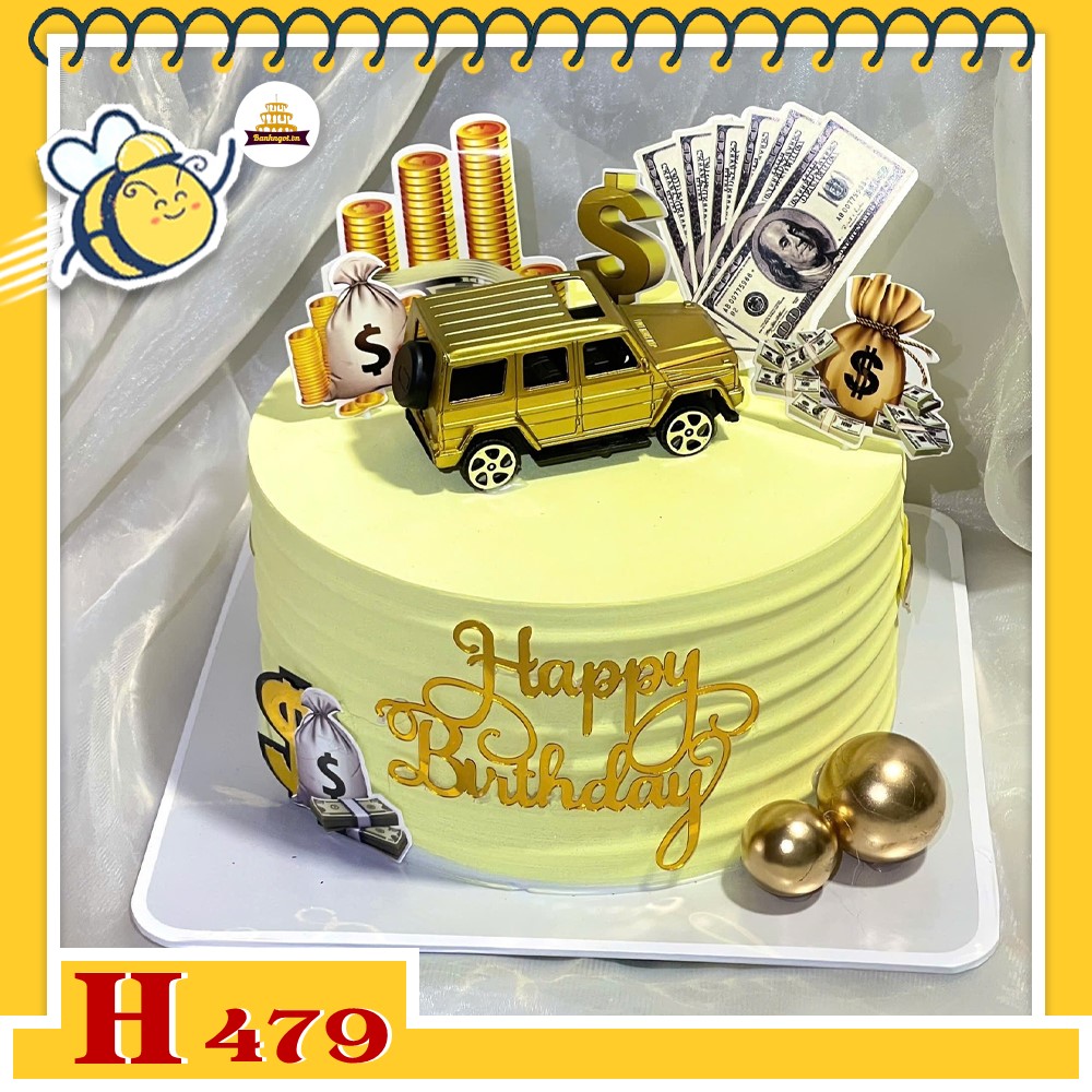 Bánh kem sinh nhật H479 tặng sếp nam màu vàng rắc tiền và xe ô tô