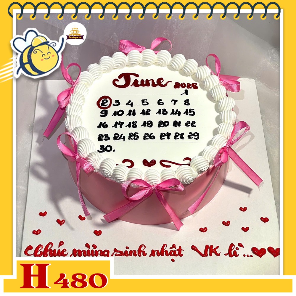 Bánh kem sinh nhật H480 hình lịch tháng sáu hồng viền bong bóng