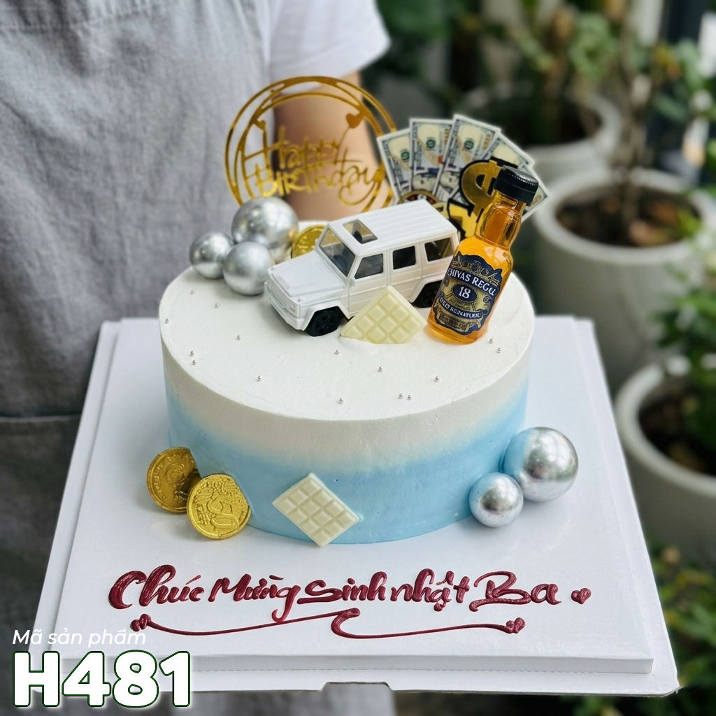 Bánh kem sinh nhật H481 tặng bố màu xanh trắng phụ kiện chai rượu xe hơi