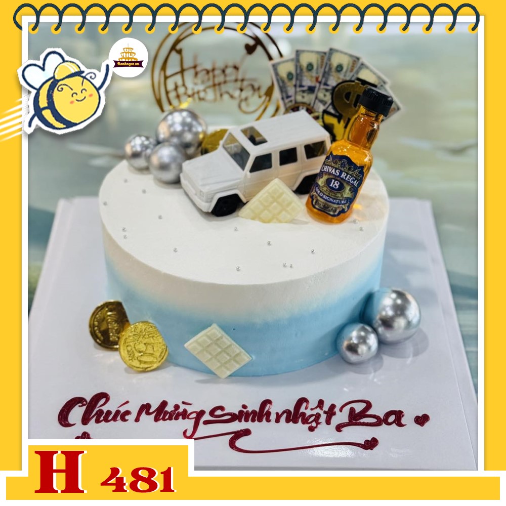 Bánh kem sinh nhật H481 tặng bố màu xanh trắng phụ kiện chai rượu xe hơi