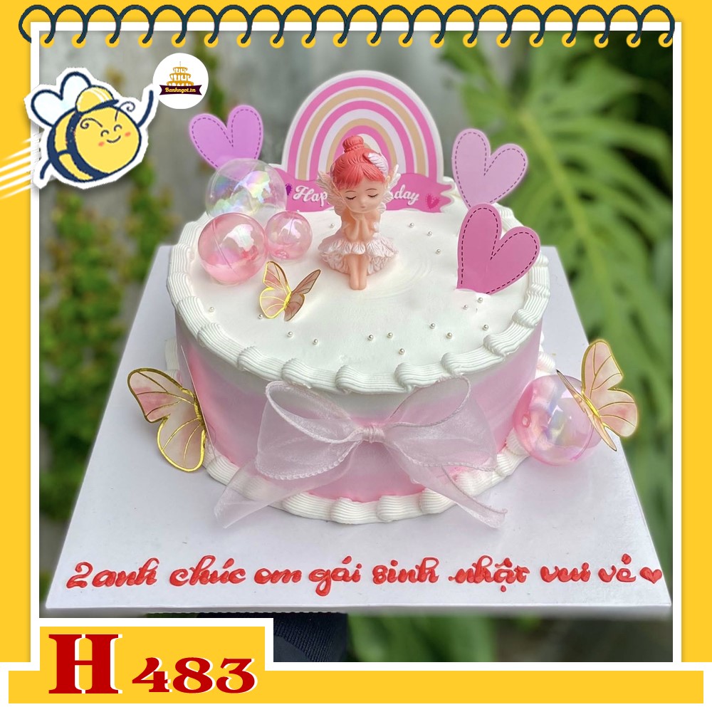 Bánh kem sinh nhật H483 búp bê công chúa màu hồng viền ruy băng và bướm