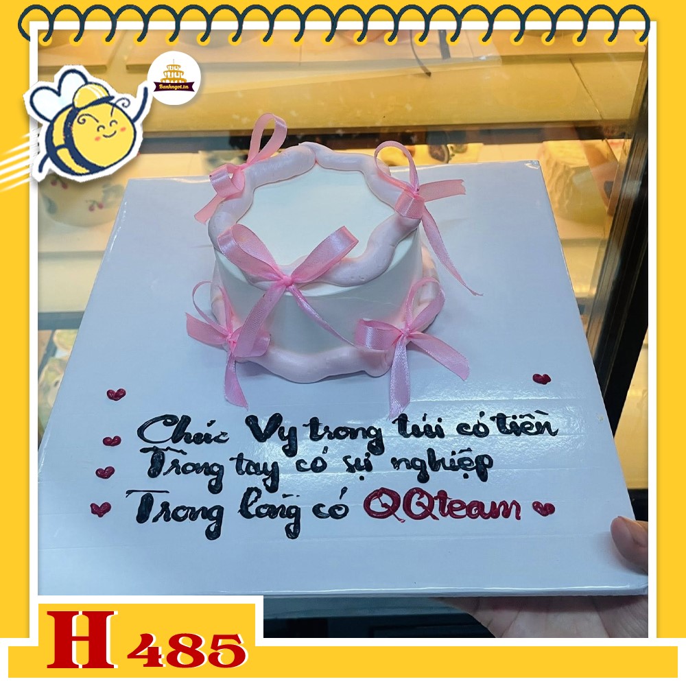 Bánh kem sinh nhật H485 mini màu hồng viền nơ ribbon đơn giản