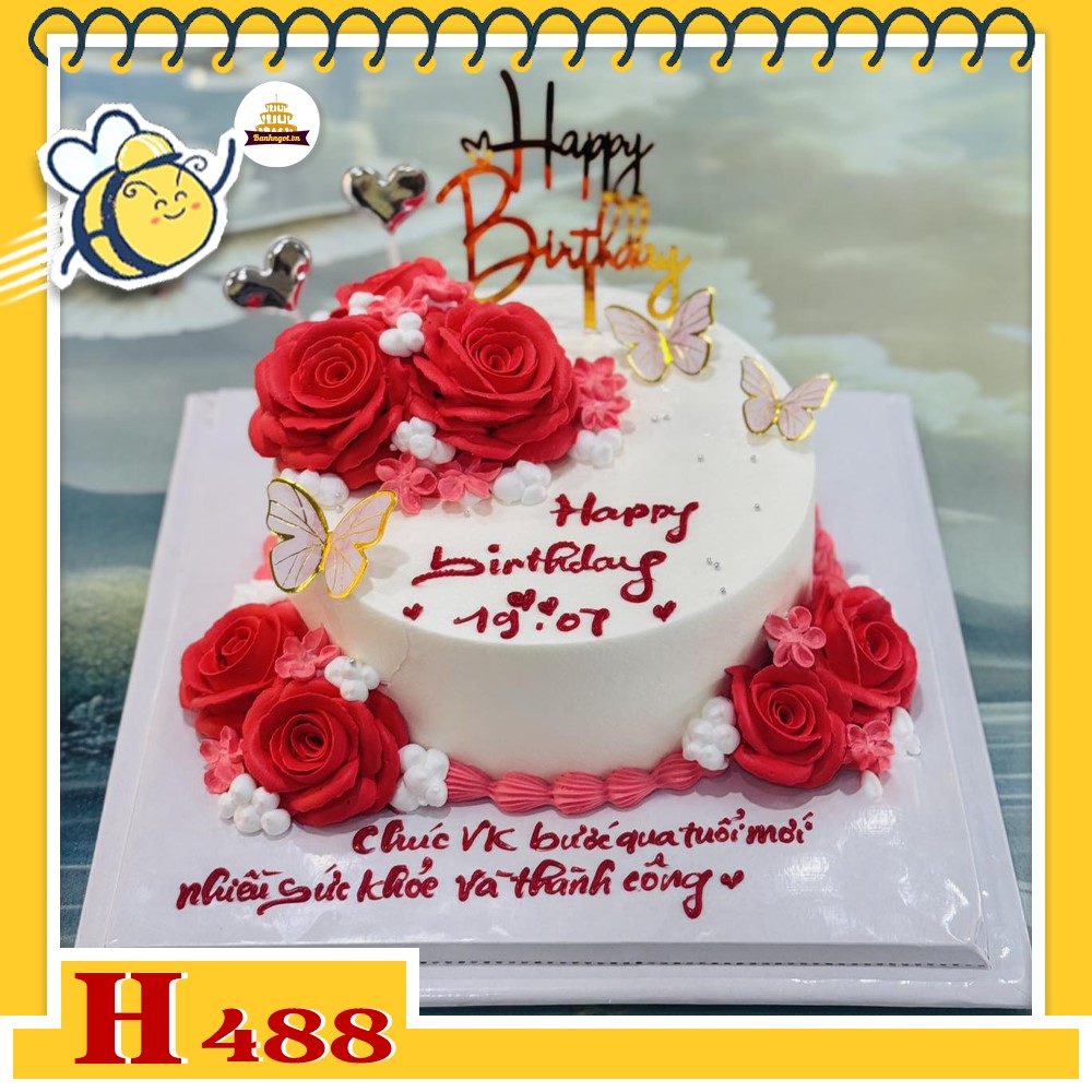 Bánh kem sinh nhật H488 hoa hồng đỏ viền kem cùng bướm xinh