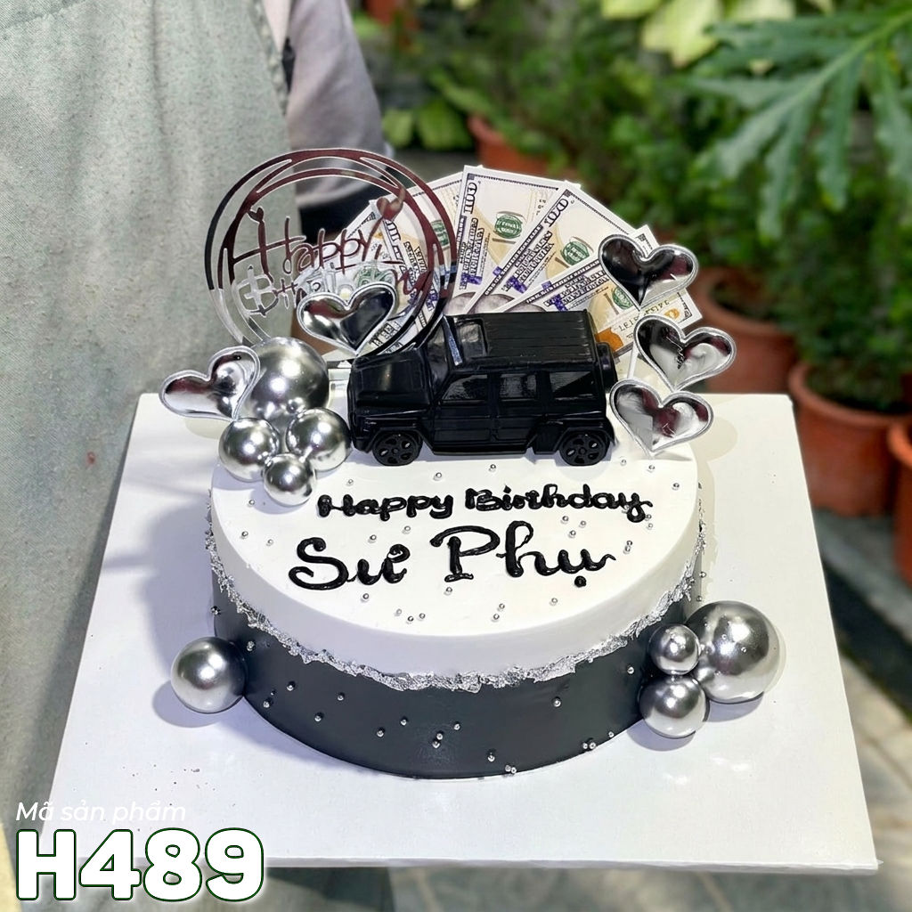 Bánh kem sinh nhật H489 màu đen trắng phụ kiện tiền đô xe hơi
