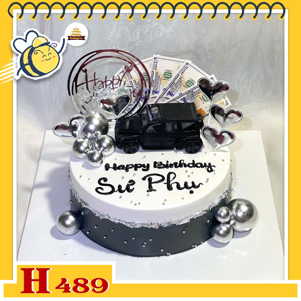 Bánh kem sinh nhật H489 màu đen trắng phụ kiện tiền đô xe hơi
