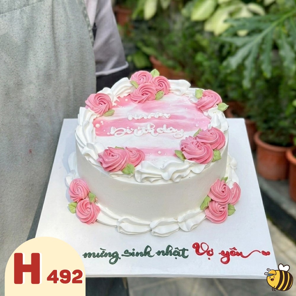 Bánh kem sinh nhật H492 tông hồng pastel trang trí hoa kem xinh xắn