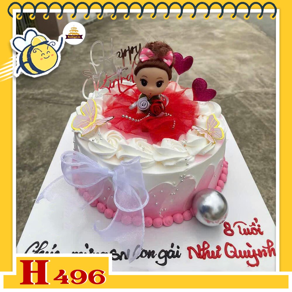 Bánh kem sinh nhật H496 trang trí búp bê váy đỏ phụ kiện xinh xắn