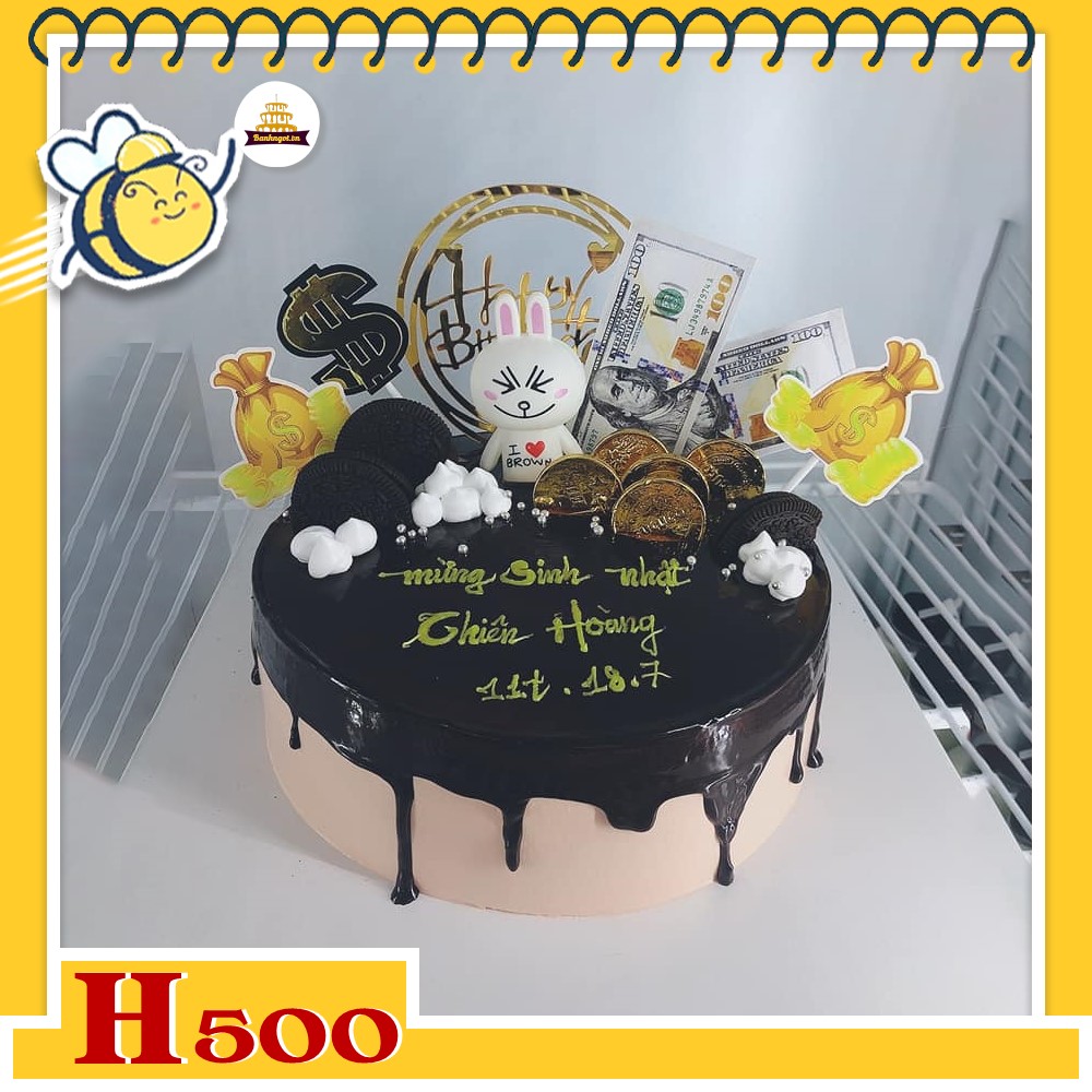 Bánh kem sinh nhật H500 chảy socola phụ kiện tiền tài độc đáo