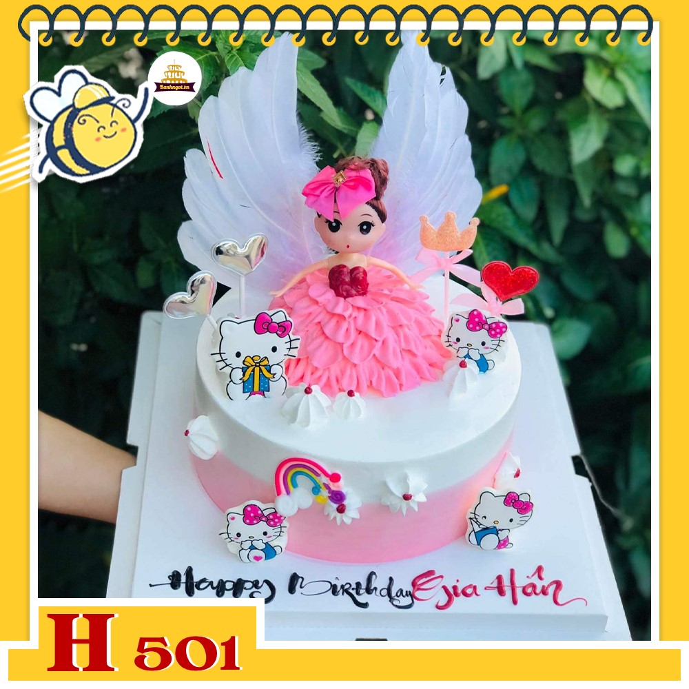 Bánh kem sinh nhật H501 trang trí thiên thần váy hồng cánh trắng xinh xắn