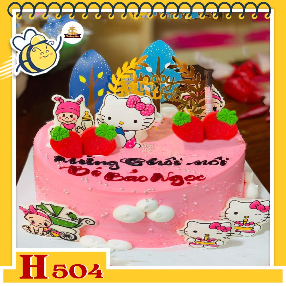 Bánh kem sinh nhật H504 trang trí Hello Kitty dâu tây dễ thương