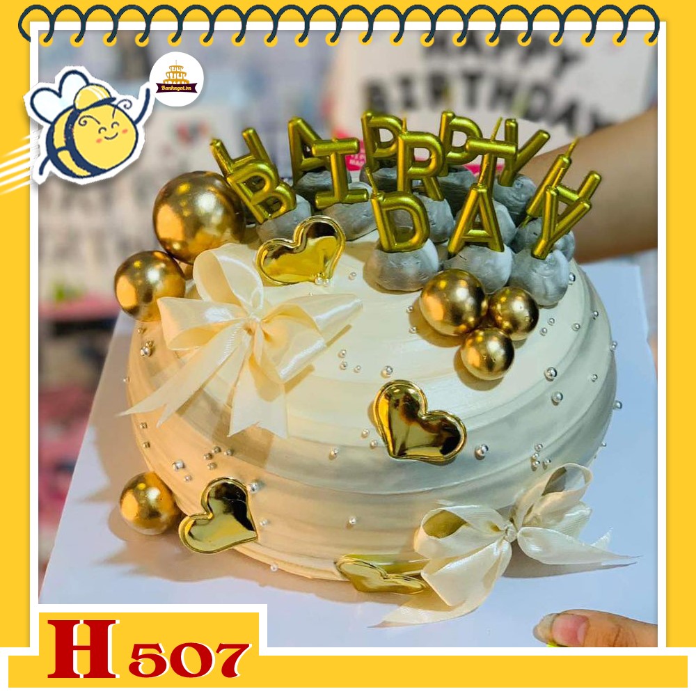 Bánh kem sinh nhật H507 tông trắng kem sang trọng phụ kiện vàng lấp lánh