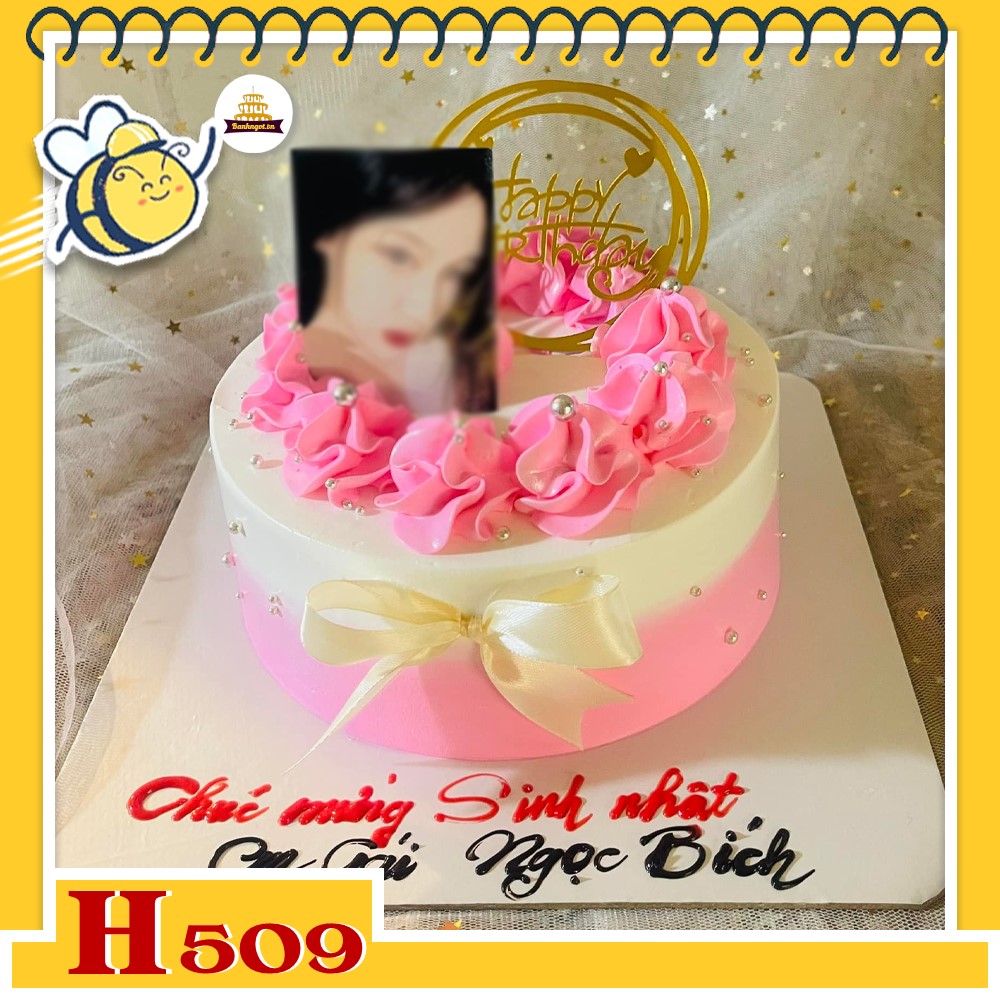 Bánh kem sinh nhật H509 trang trí nửa trắng nửa hồng hoa kem lãng mạn