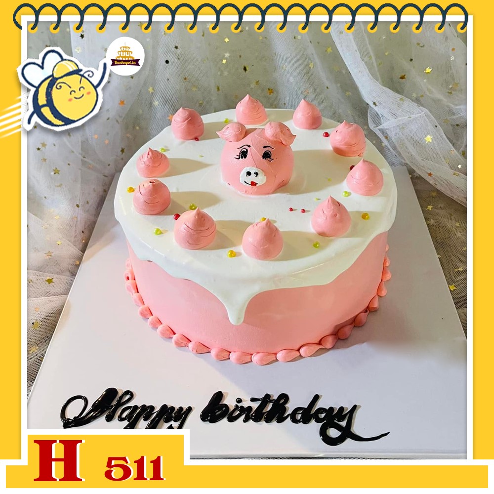 Bánh kem sinh nhật H511 trang trí heo hồng cute, xinh xắn