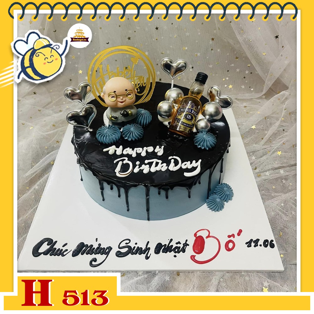 Bánh kem sinh nhật H513 chảy socola phụ kiện ông già rượu whiskey