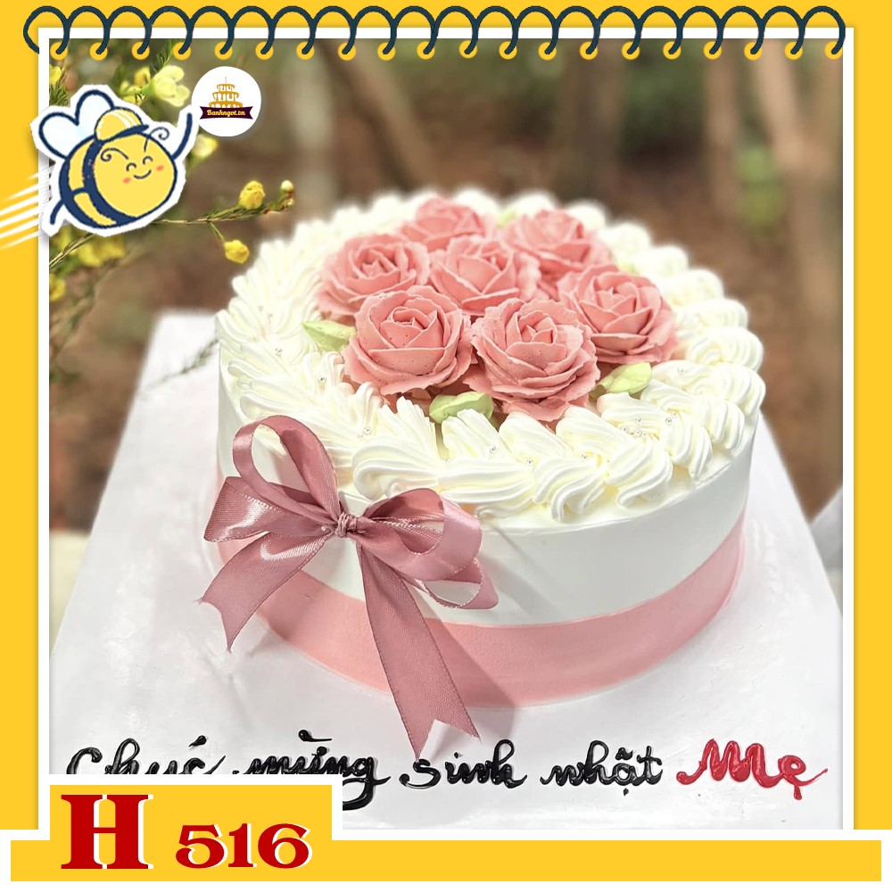 Bánh kem sinh nhật H516 hoa hồng kem và ruy băng hồng nữ tính