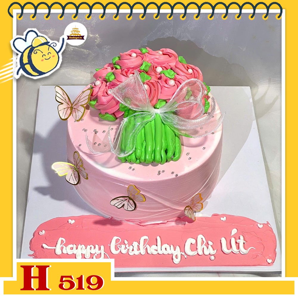 Bánh kem sinh nhật H519 bó hoa hồng kem hồng duyên dáng