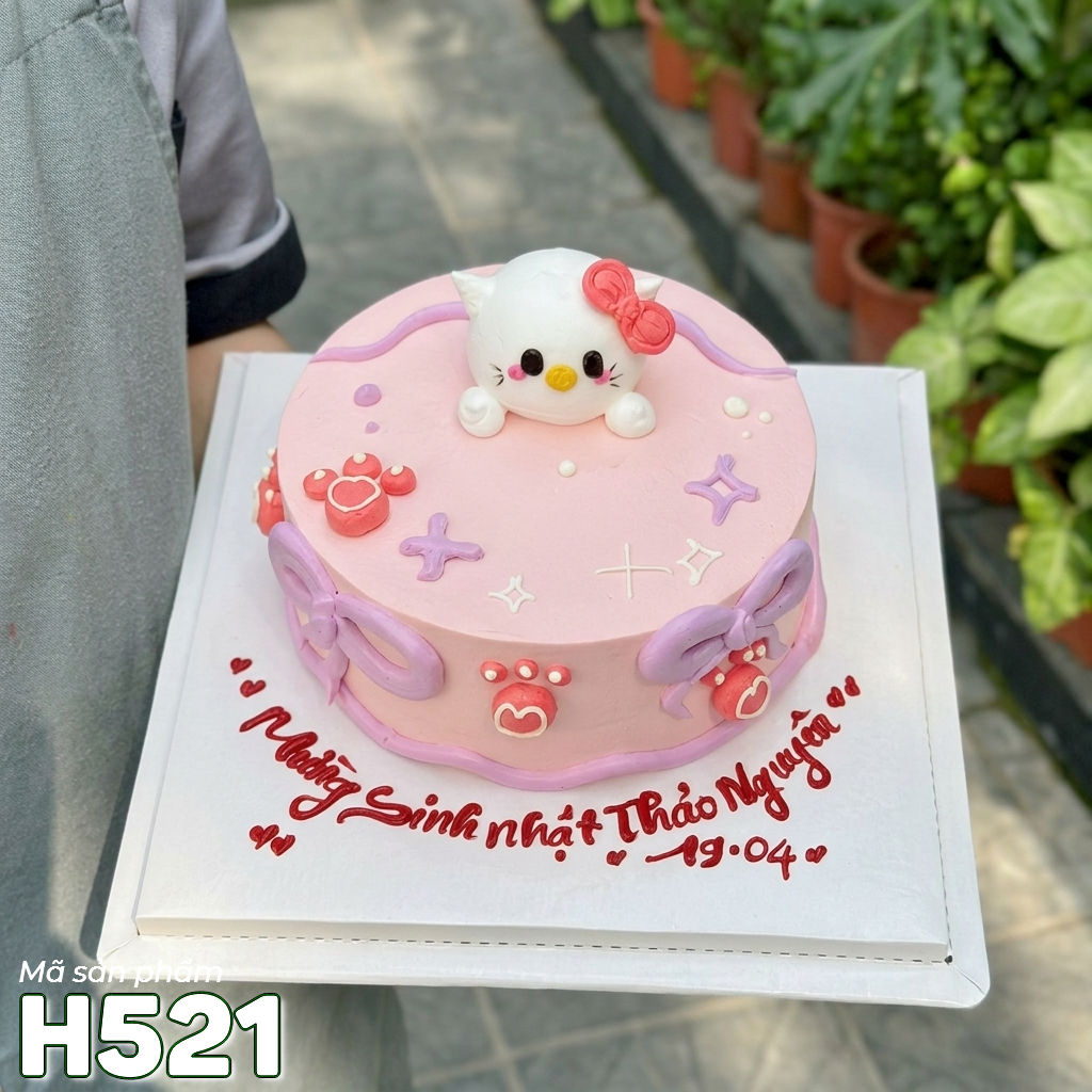 Bánh kem sinh nhật H521 trang trí Hello Kitty, nơ tím hồng dễ thương