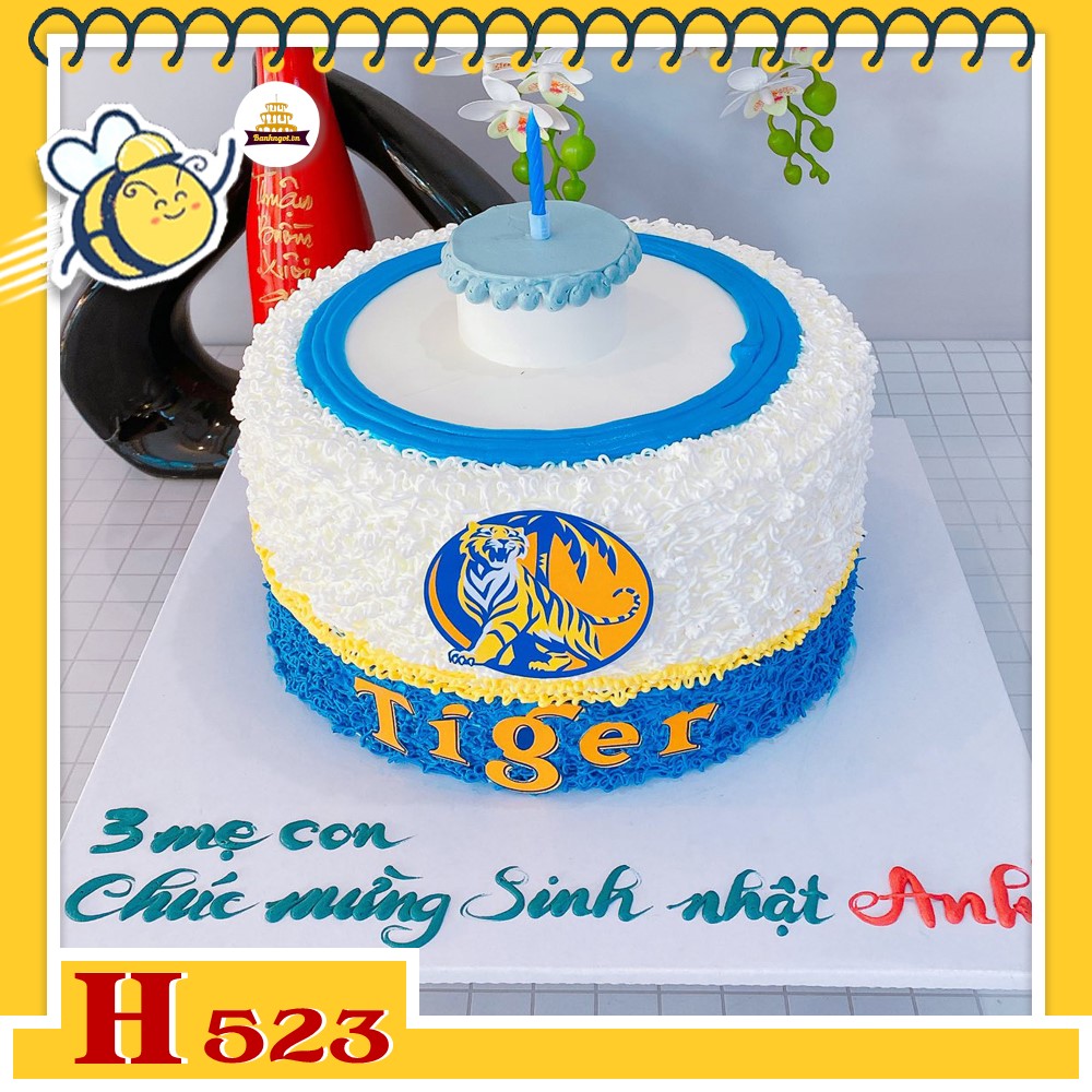 Bánh kem sinh nhật H523 bia Tiger lúa mạch, tông trắng xanh dương