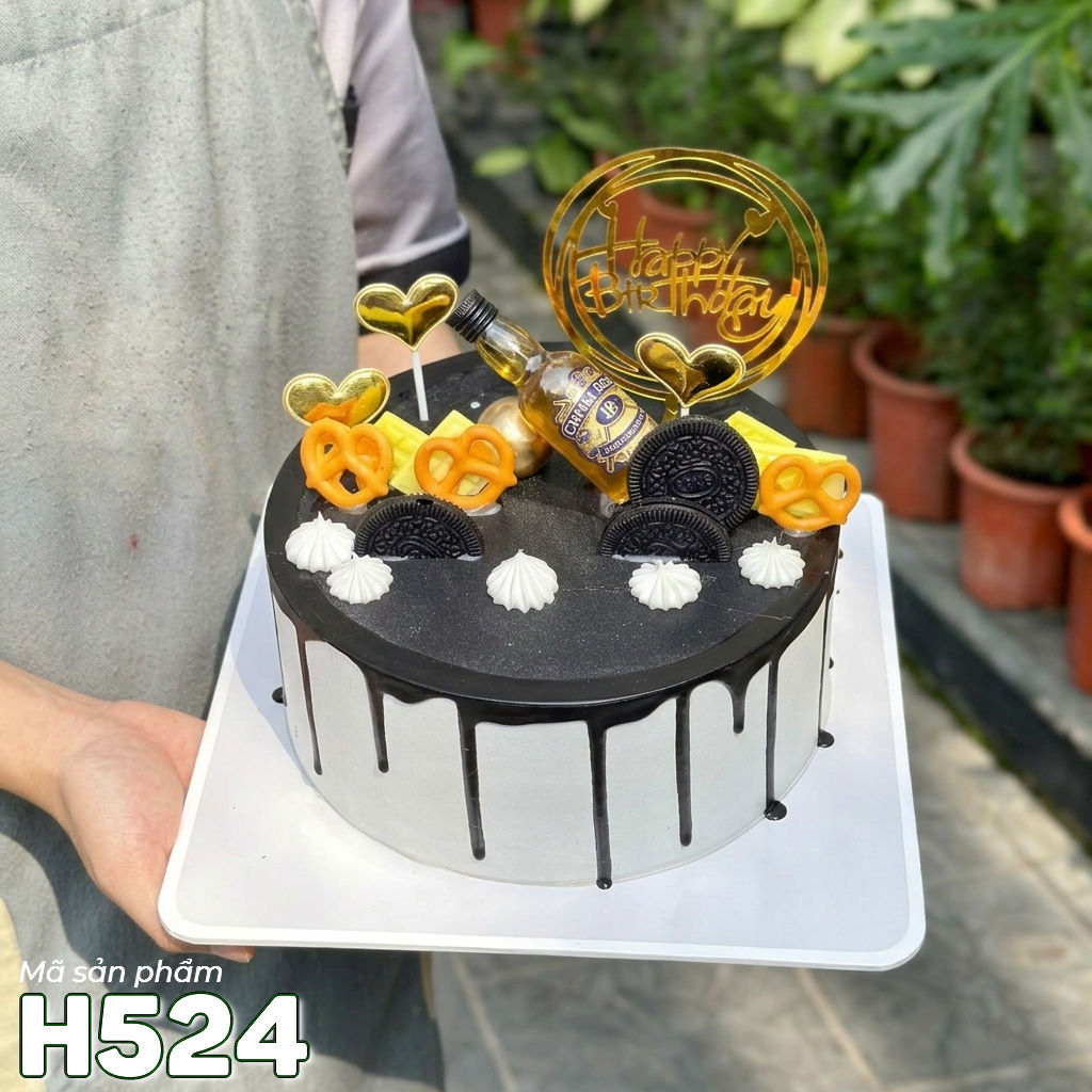 Bánh kem sinh nhật H524 chảy socola phụ kiện rượu whiskey cá tính