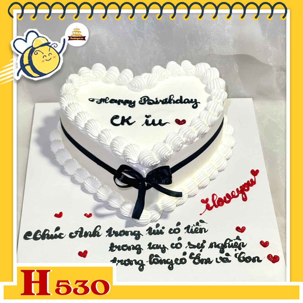 Bánh kem sinh nhật H530 trái tim viền đen thắt nơ cá tính