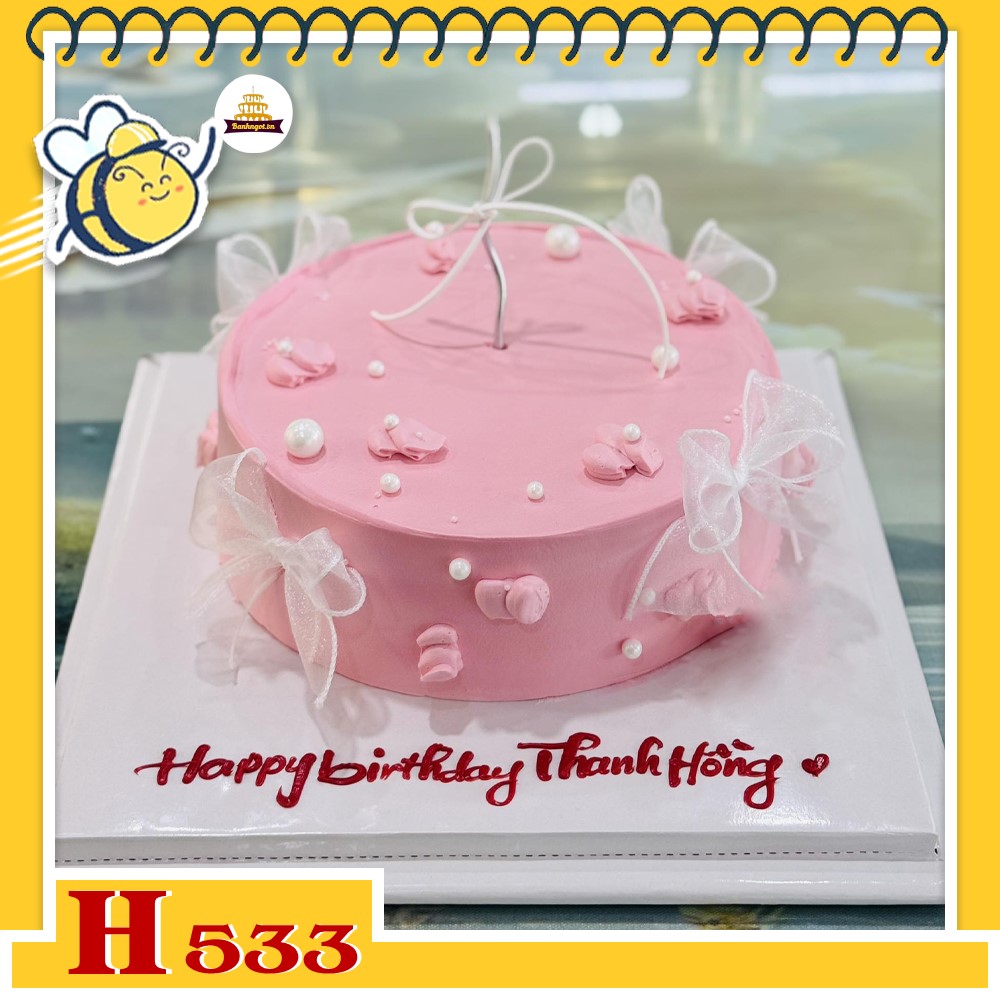 Bánh kem sinh nhật H533 viền nơ ren và hạt ngọc trai dễ thương