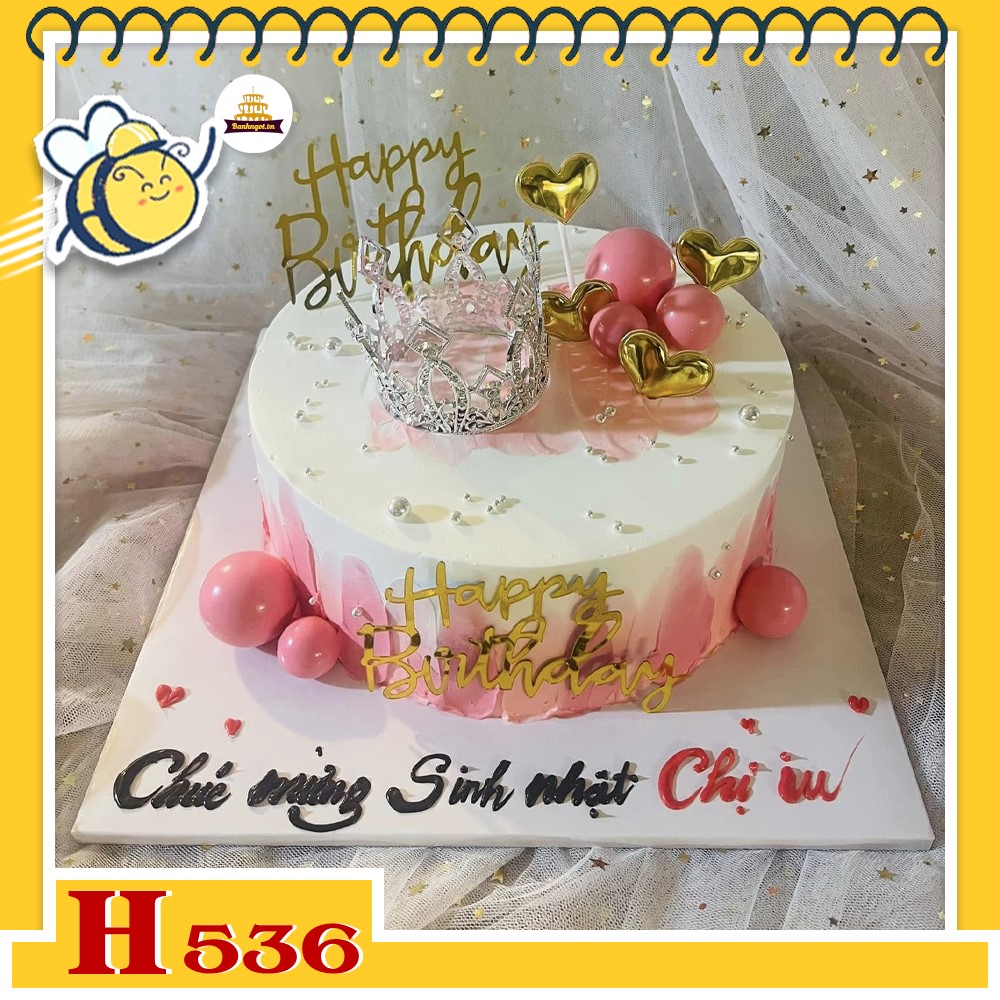 Bánh kem sinh nhật H536 vương miện và bi hồng, bạc sang chảnh